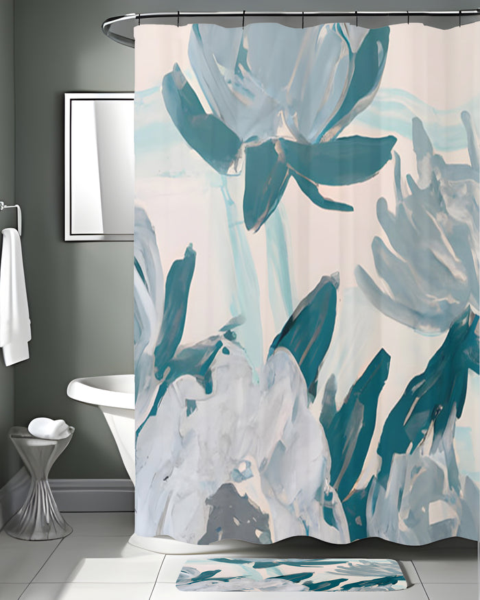 Teal Botanical Abstract Brush Pattern Shower Curtain