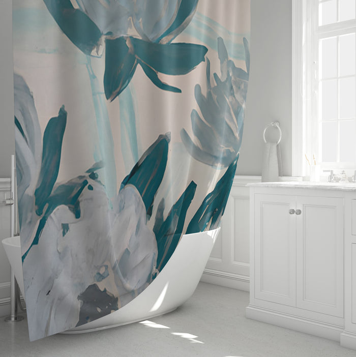 Teal Botanical Abstract Brush Pattern Shower Curtain