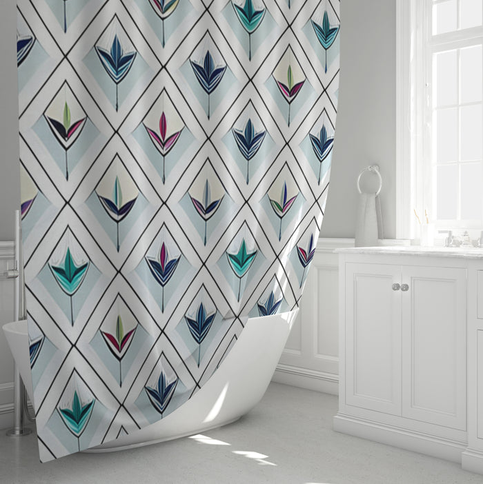 Teal Diamond Geometric Pattern Shower Curtain