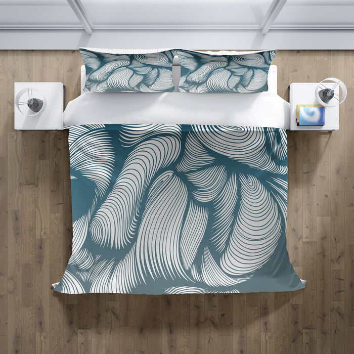 Teal Flowing Leaf Line Botanical Pattern Duvet Cover