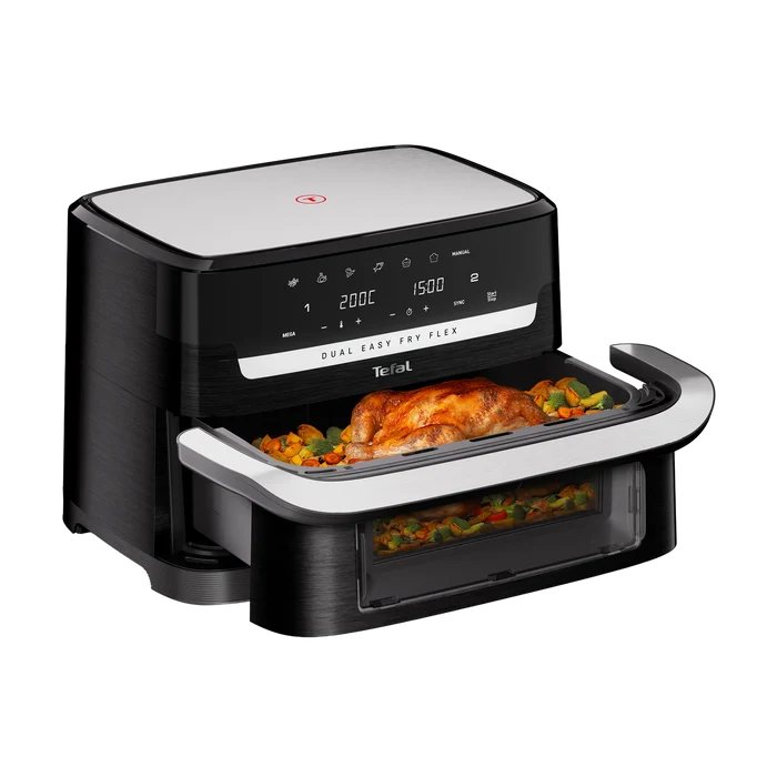 Tefal Dual Easy Fry Flex Black Air Fryer EY9228 side view cooking whole chicken