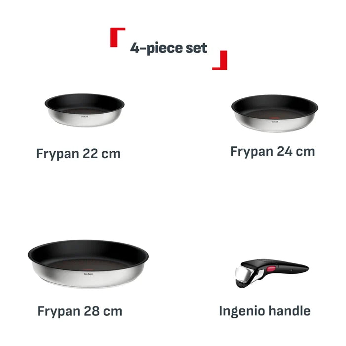 Tefal Ingenio Emotion+ Induction Stainless Steel Non-Stick 4pc Frypan Set Contents