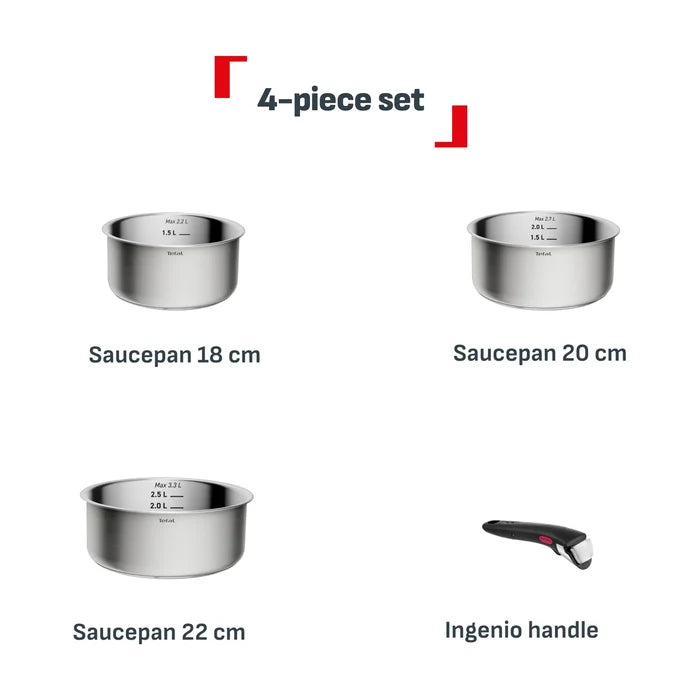 Tefal Ingenio Emotion+ Induction Uncoated Stainless Steel 4pc Pot Set Contents