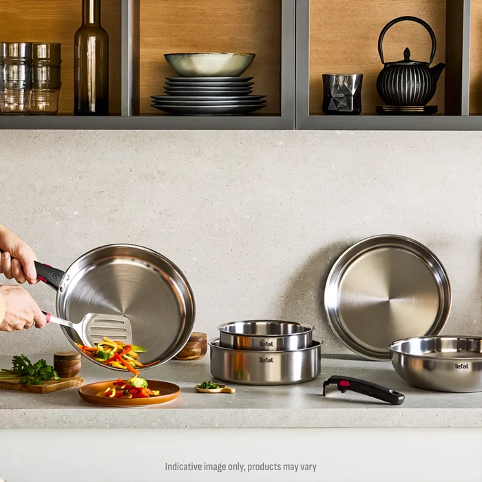 Tefal Ingenio Emotion+ Induction Uncoated Stainless Steel Set on kitchen bench