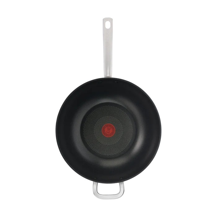 Tefal Premium Specialty Hard Anodised Induction Non-Stick Wok 32cm + Lid top view with interior non-stick coating and thermo-signal