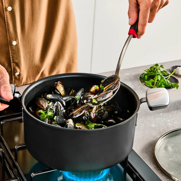Tefal Space+ Excellence+ Induction Non-Stick Stewpot 24cm + Lid in use on gas stovetop