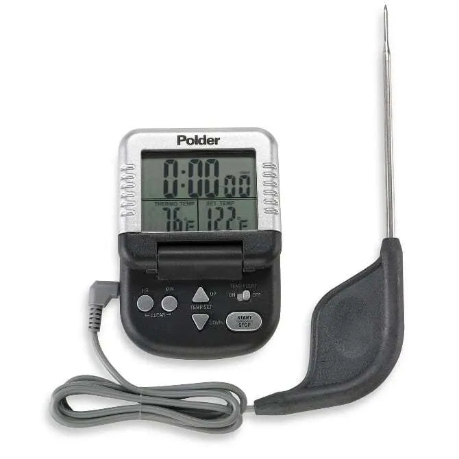 A digital probe thermometer with a black body and a stainless steel probe, displaying digital readout in Fahrenheit and a timer feature.
