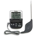 A digital probe thermometer with a black body and a stainless steel probe, displaying digital readout in Fahrenheit and a timer feature.