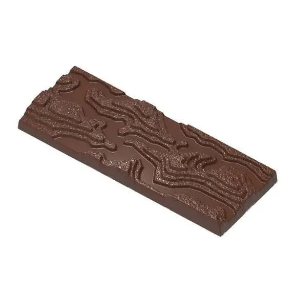 A rectangular dark brown chocolate bar with an embossed topographical map or contour line pattern, shown on a plain white background.
