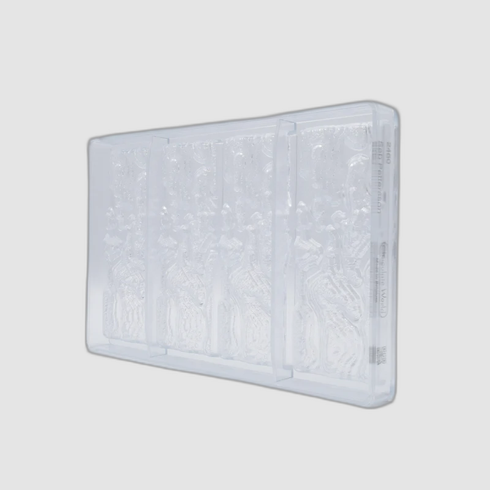 A clear plastic rectangular chocolate mold with embossed floral patterns, shown at an angle on a light gray background.