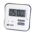 A white square-shaped water proof audio visual timer with a digital display showing time and a series of buttons for various functions.