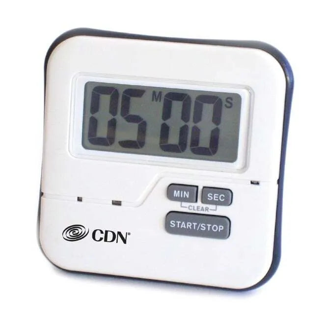 A white square-shaped water proof audio visual timer with a digital display showing time and a series of buttons for various functions.