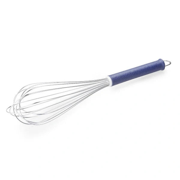 A stainless steel whisk with a blue fiberglass handle.