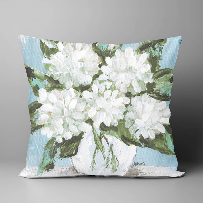 White Hydrangeas Blue Pillow