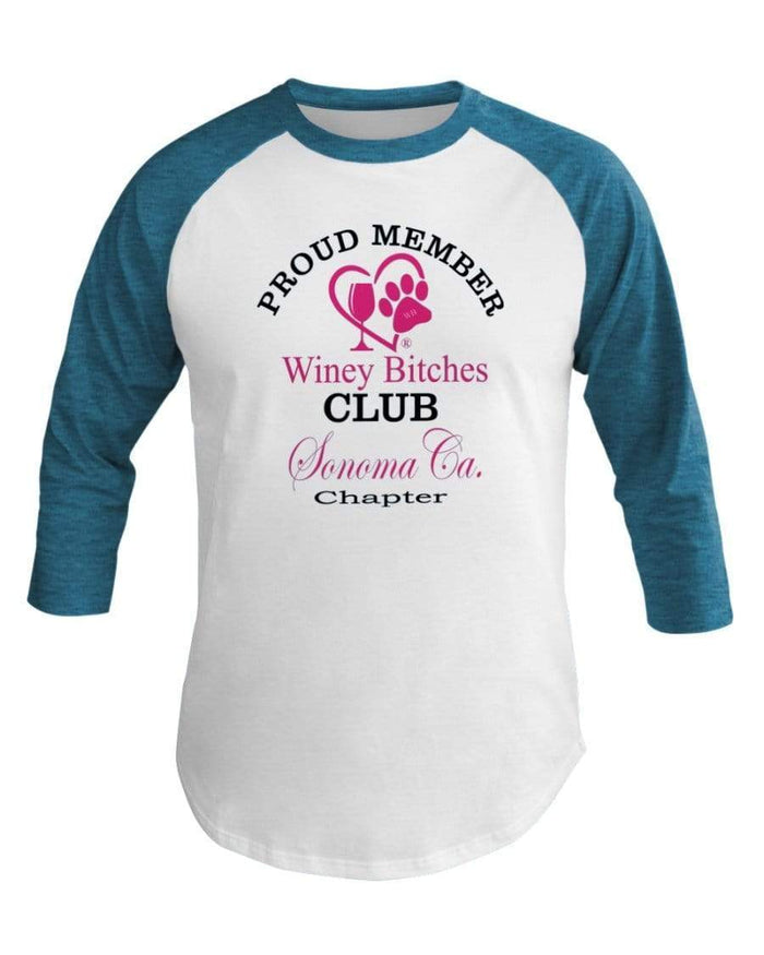 Shirts Wht/Neo Htr Blu / XS Winey Bitches Club- Proud Member- Sonoma Ca Chapter - 3/4 Sleeve Raglan Shirt WineyBitchesCo