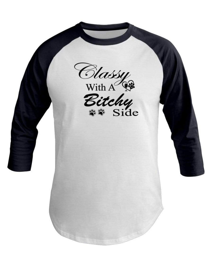Shirts White/Navy / XS Winey Bitches Co "Classy with a Bitchy Side" White Letters 3/4 Sleeve Raglan Shirt WineyBitchesCo