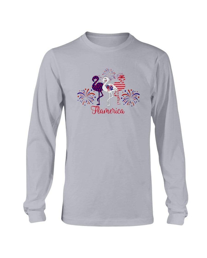 Shirts Sports Grey / S Winey Bitches Co " Flamerica" Patriotic Flamingo Long Sleeve T-Shirt WineyBitchesCo