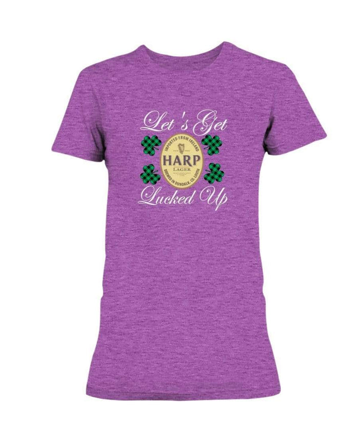 Shirts Hthr Rdnt Orchid / S Winey Bitches Co "Let's Get Lucked Up" Harp Wht Lettering Ladies Missy T-Shirt WineyBitchesCo