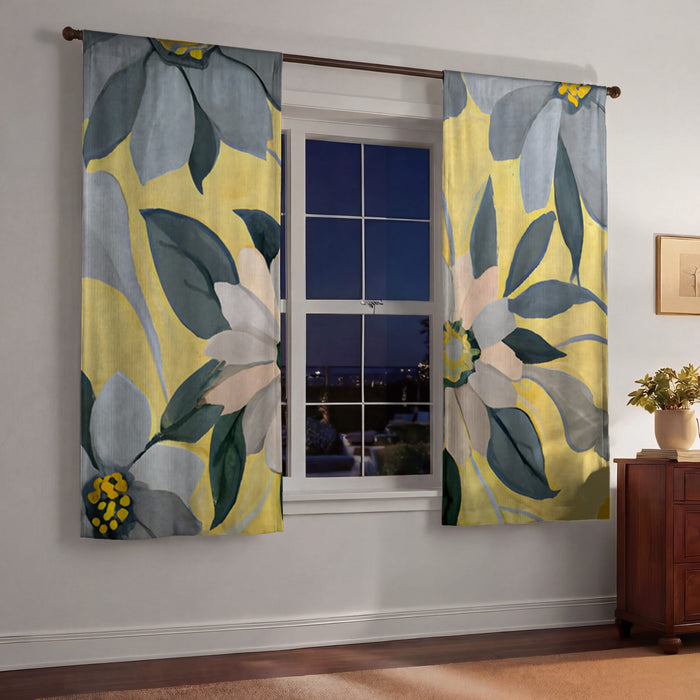 Yellow and Gray Floral Pattern Window Curtains