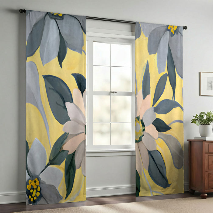 Yellow and Gray Floral Pattern Window Curtains